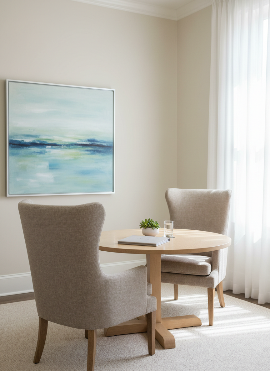 A spacious consultation room featuring a round light-wood table with two high-backed, fabric-covered chairs facing each other, carefully arranged to suggest confidential and supportive conversations without showing people. On the table, a closed folder, a glass of water, and a small potted plant suggest readiness and care. The walls are painted in a soft, warm neutral, with a framed, abstract artwork in calming blues and greens. Soft natural daylight streams in through a large, sheer-curtained window, creating a gentle, even glow. Photographic realism, eye-level composition with sharp focus and a calm, professional atmosphere ideal for illustrating support coordination meetings.
