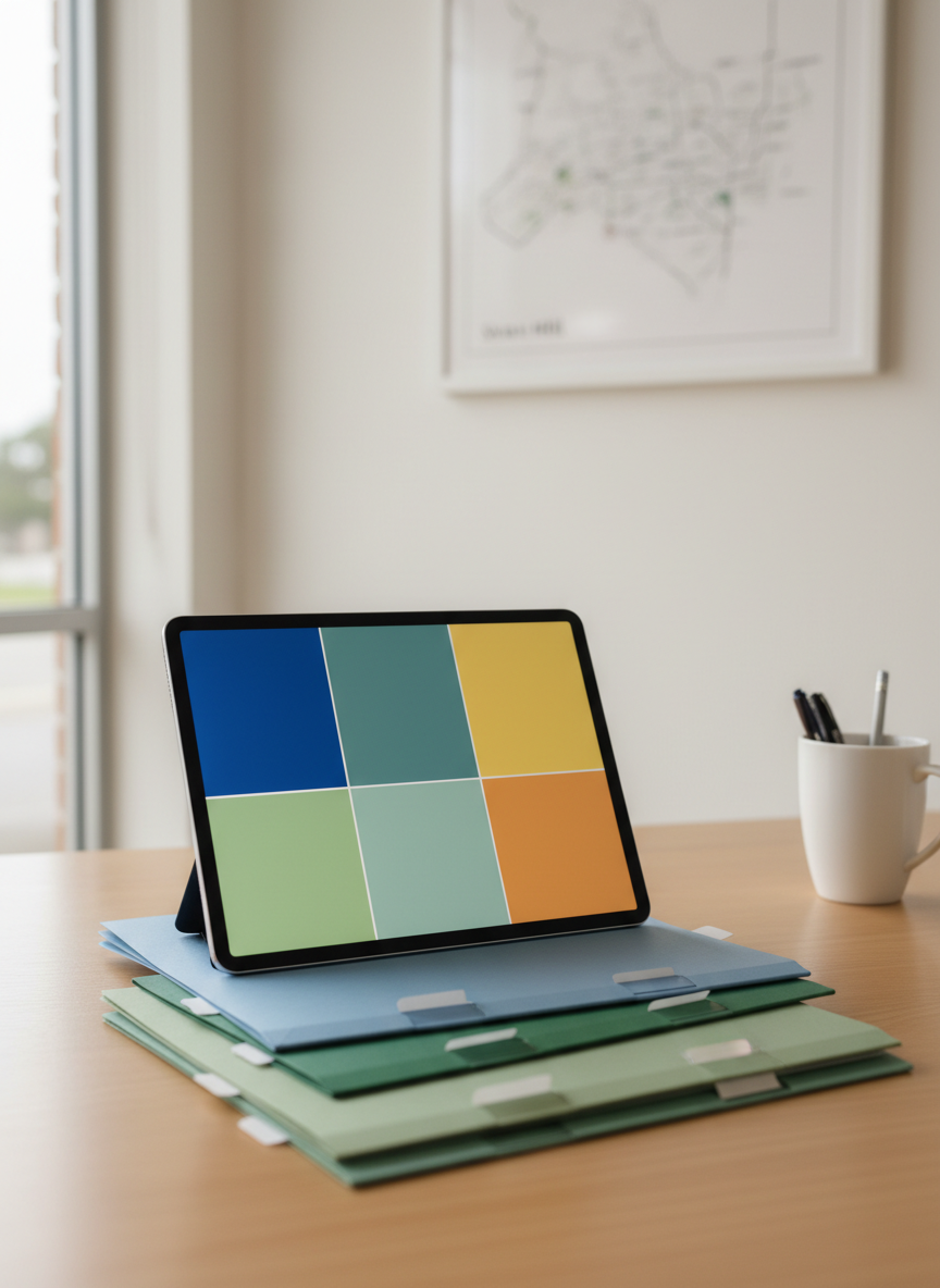 A detailed close-up of a digital tablet on a tidy desk, displaying an abstract, text-free interface with colored blocks representing different NDIS support categories. Around the tablet lie neatly stacked folders in muted blues and greens, each with blank tab markers, symbolising organized support coordination. A subtle map of regional Victoria is visible on a wall in the softly blurred background, hinting at Swan Hill and surrounding communities. Natural overcast light from a nearby window creates even, gentle illumination with minimal shadows. Photographic realism, captured from a slightly elevated angle, with a clean, modern aesthetic that feels organised, accessible, and reassuring.