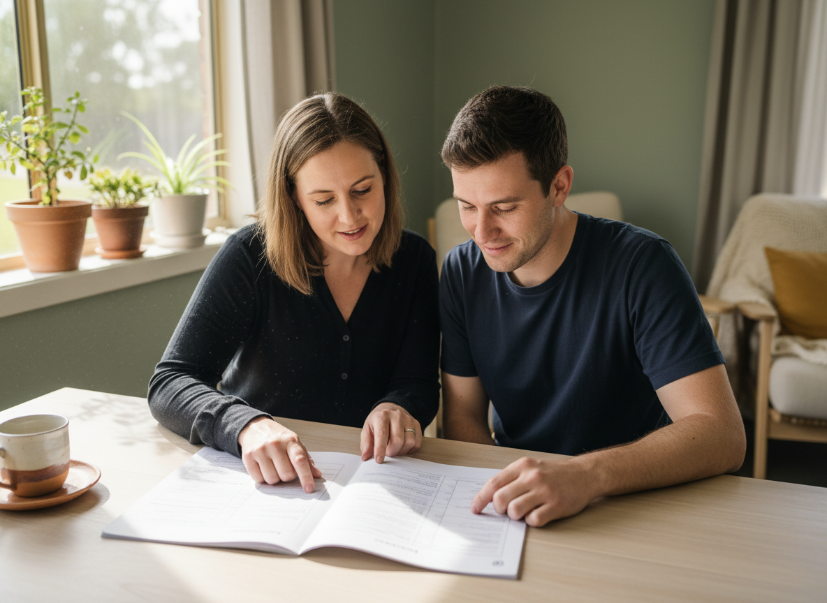A support coordinator and a participant sitting together at a table, calmly reviewing a document with several provider options laid out between them.