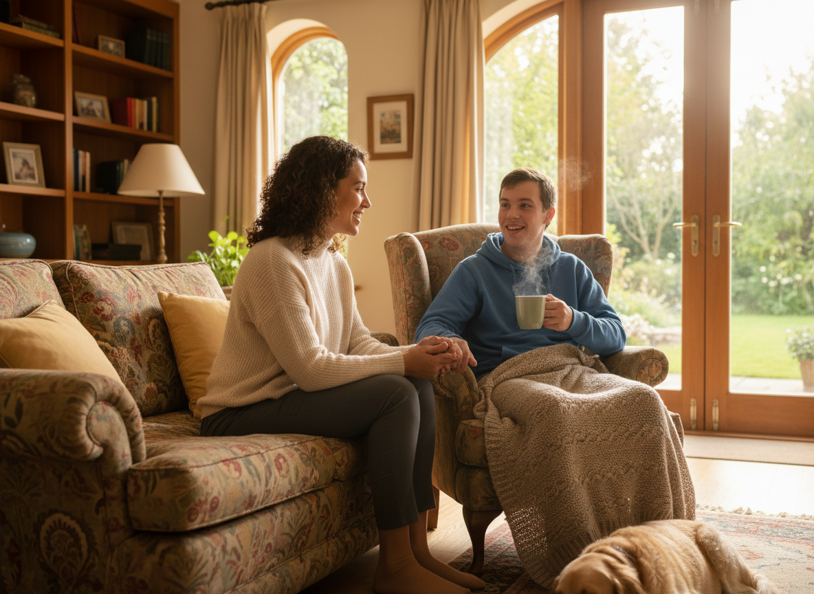 A warm, uplifting scene showing a support worker sitting beside a person in a comfortable, natural home or community setting. Soft natural light, calm atmosphere, genuine human connection — not clinical, no hospital or office setting. The mood should feel safe, trusting and hopeful. Diverse, authentic people, photorealistic style.