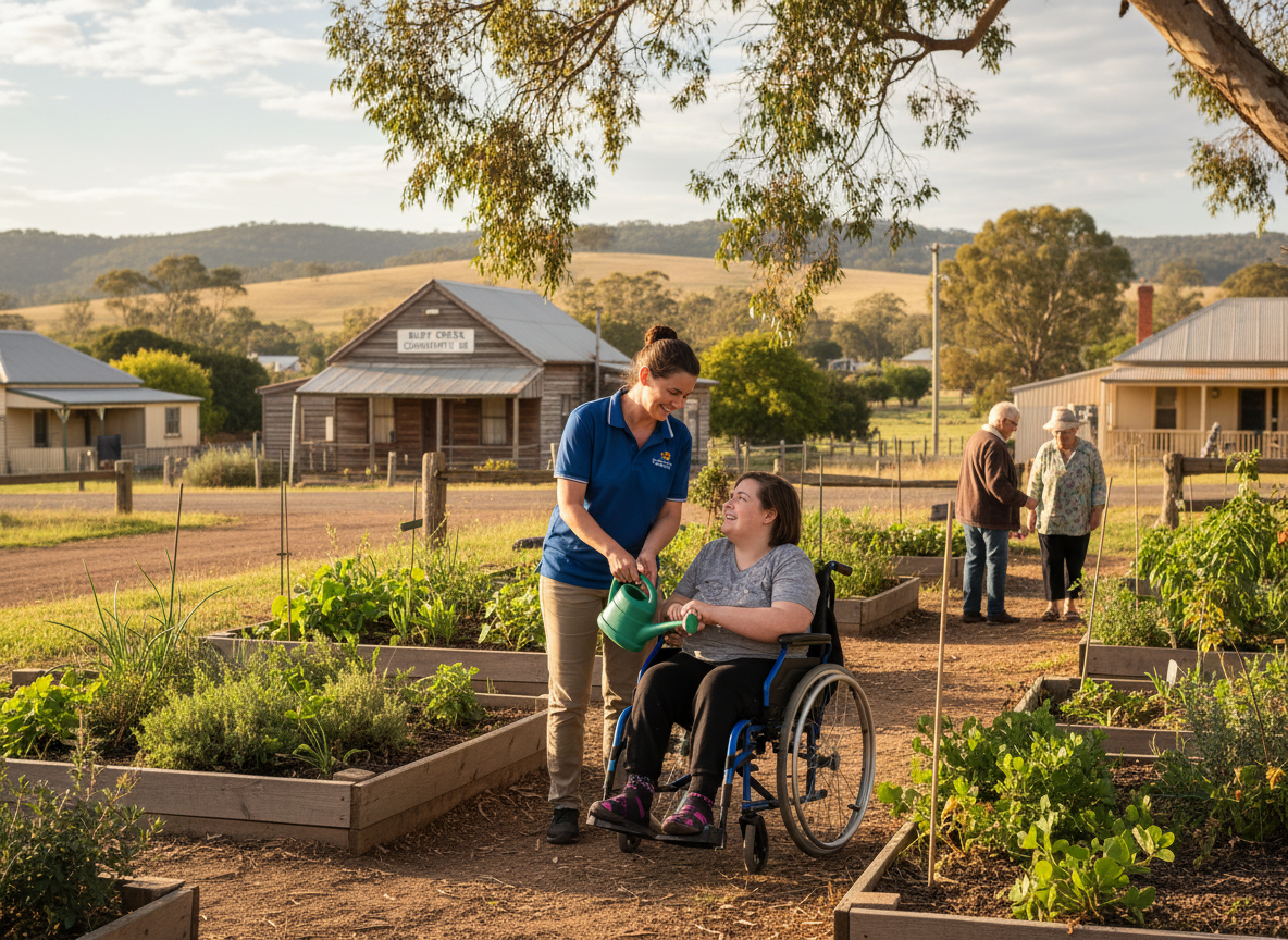 A warm, authentic scene of a disability support worker helping a person with a disability in a regional Australian community. The support worker is assisting the participant with daily activity — perhaps at a community centre or outdoor space in a small rural town. Natural light, genuine connection, professional and caring atmosphere. No couples or mother and child — clearly a disability support service setting. Wide landscape orientation.
